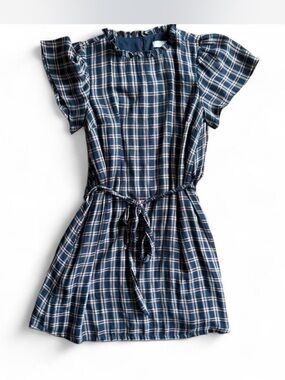 Loft navy blue plaid dress tie waist flutter sleeves small academia preppy